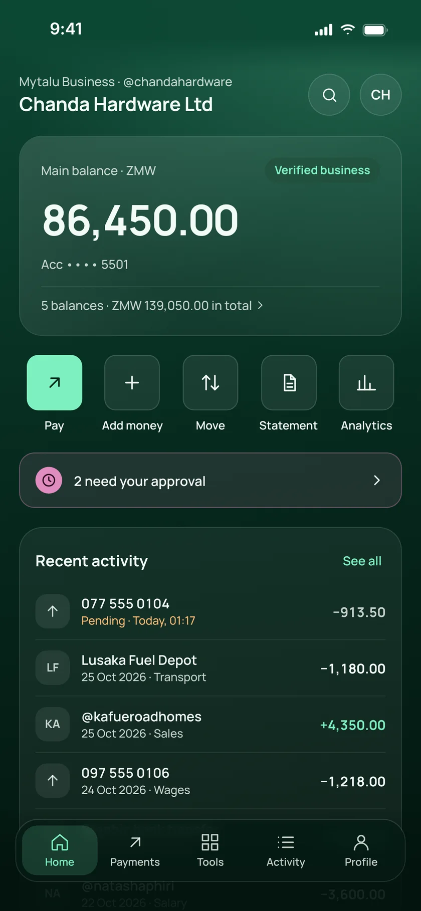 The Mytalu Business mobile app, showing a balance and recent transactions